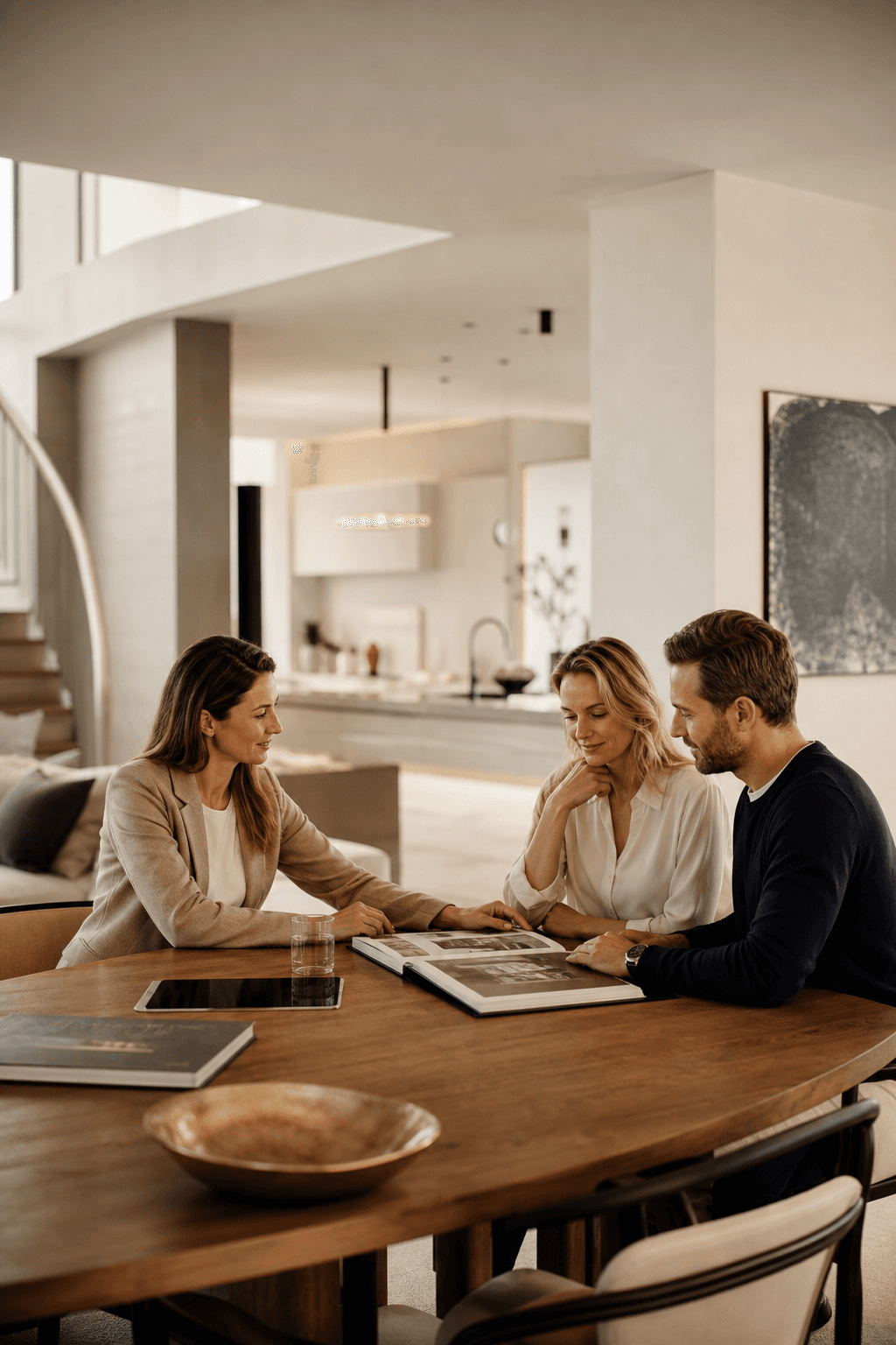Asesora inmobiliaria conversando con propietarios en una casa contemporánea